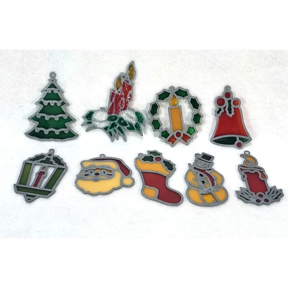 Vintage Christmas Suncatchers Lot 9 Holiday Tree Santa Candle Wreath 1980s Decor